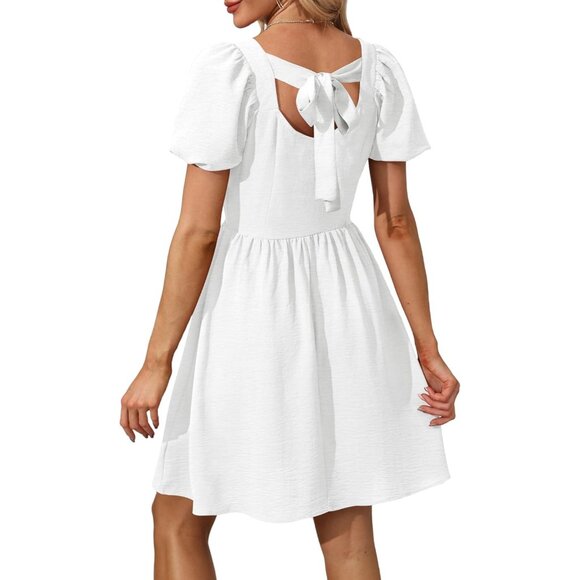 Ofeefan Women White Puff Sleeve Square Neck Tie in Back Dresses with Zipper - Picture 5 of 5